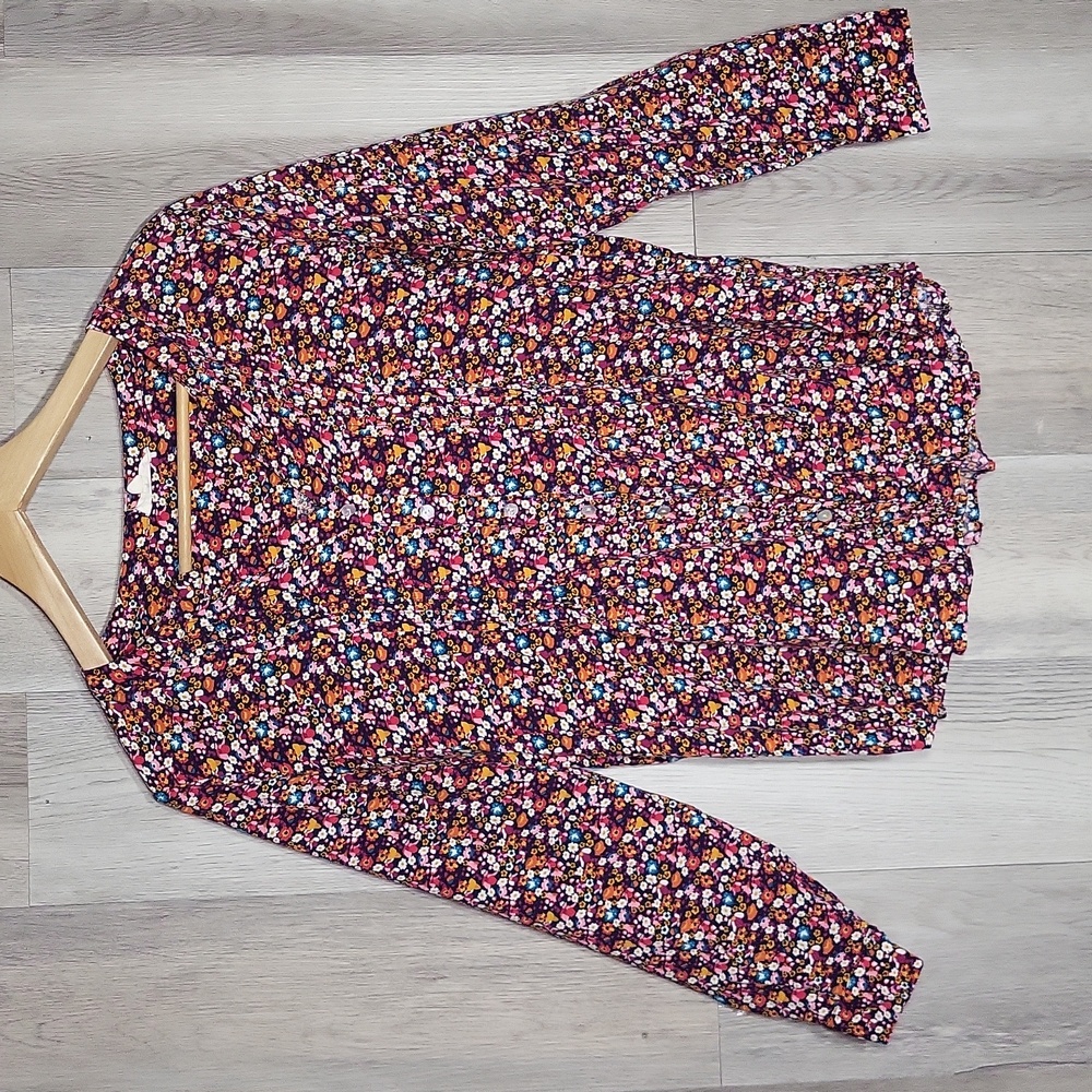 Jane And Delancey Womens Large Ditsy‎ Floral Button Up Roll Tab Pleated V Neck